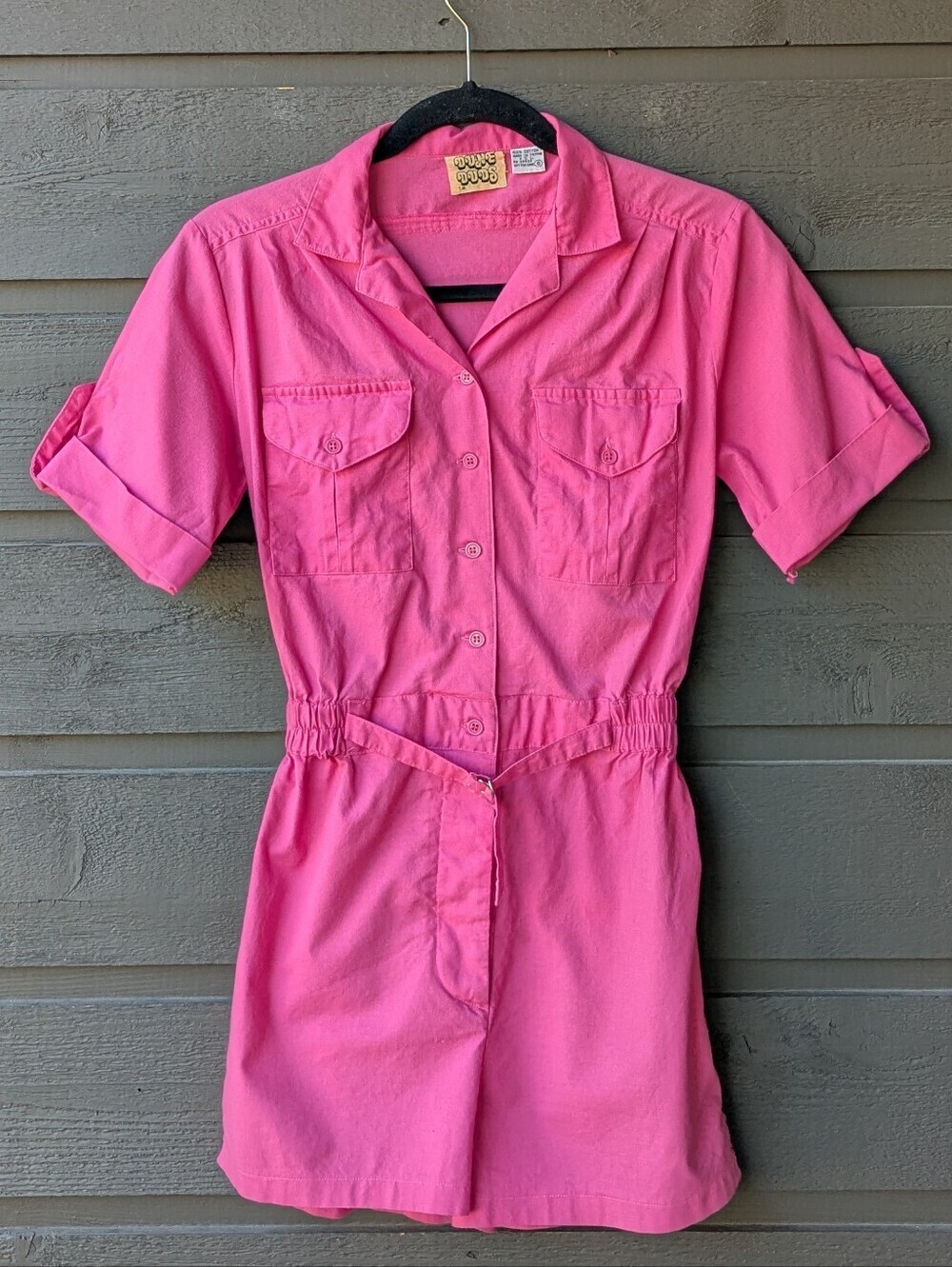 VTG 80s Dune Duds Barbie Pink 100% Cotton Short Overalls Coveralls Romper Small